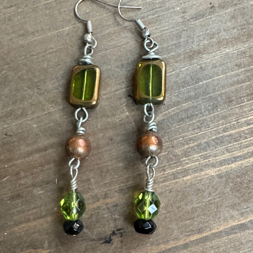 Handcrafted Olive Green Glass Bead Dangle Earrings